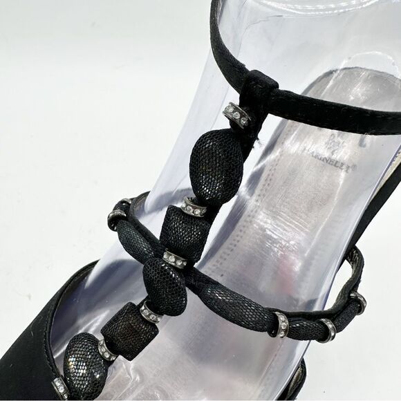 M. By Marinelli Black Satin Sparkly Jeweled T-Strap Stiletto Evening Sandal 8.5M - Picture 7 of 16